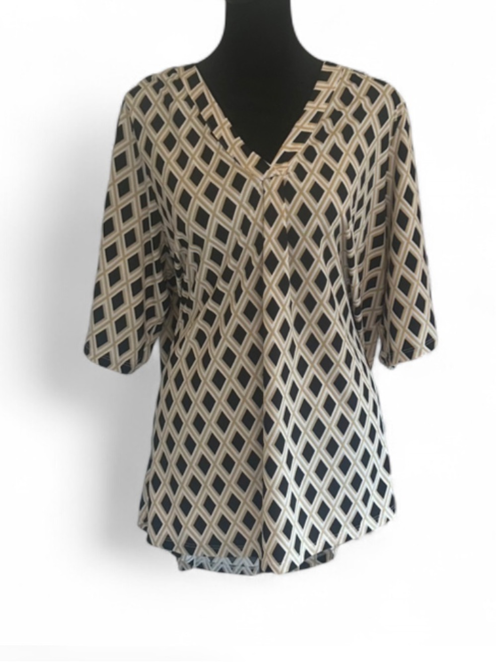 BYdesign 1X Geometric Print Lattice Sleeve Tunic Blouse, Beige/Black